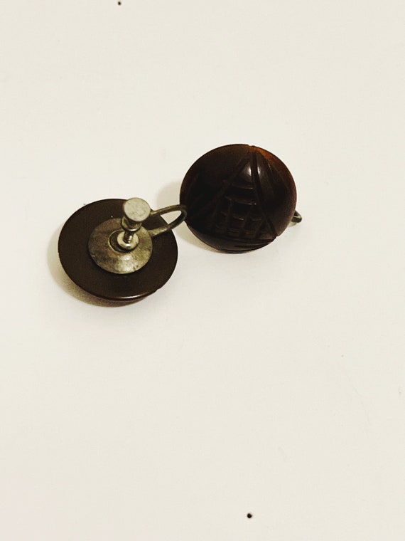 Vintage Lucite Clip On Earrings Round Brown Butto… - image 6