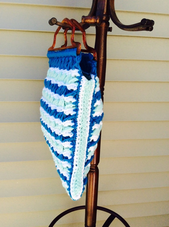 Handmade Blue White Crochet Knit Handbag Purse To… - image 4