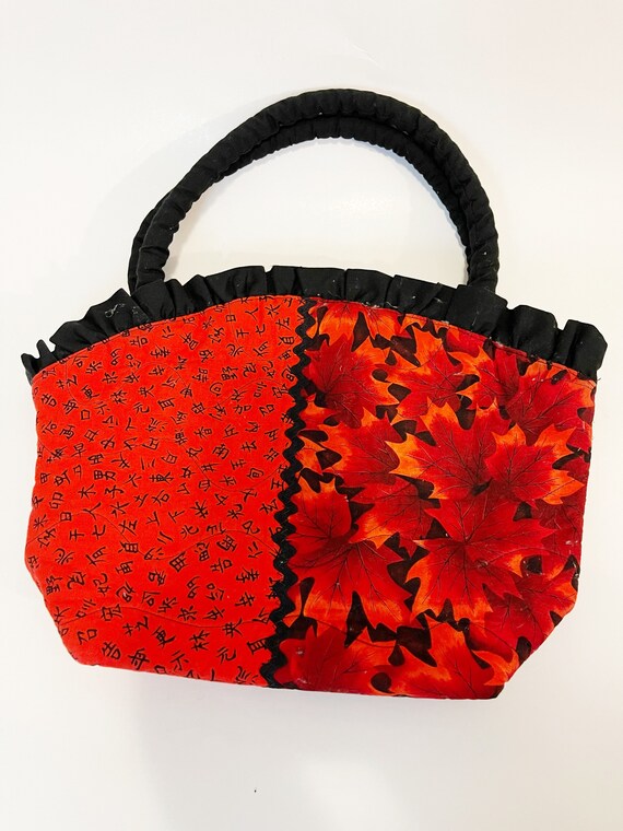 Red and Black Fabric Handbag Floral Lunch Pal Clo… - image 2