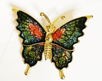 Vintage Monarch Butterfly Pin Enamel Brooch Hat Pin Insect Lapel Pin Gold Red Green