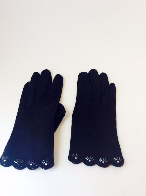 Vintage Black Sequin Women Gloves Beaded Trim Blac