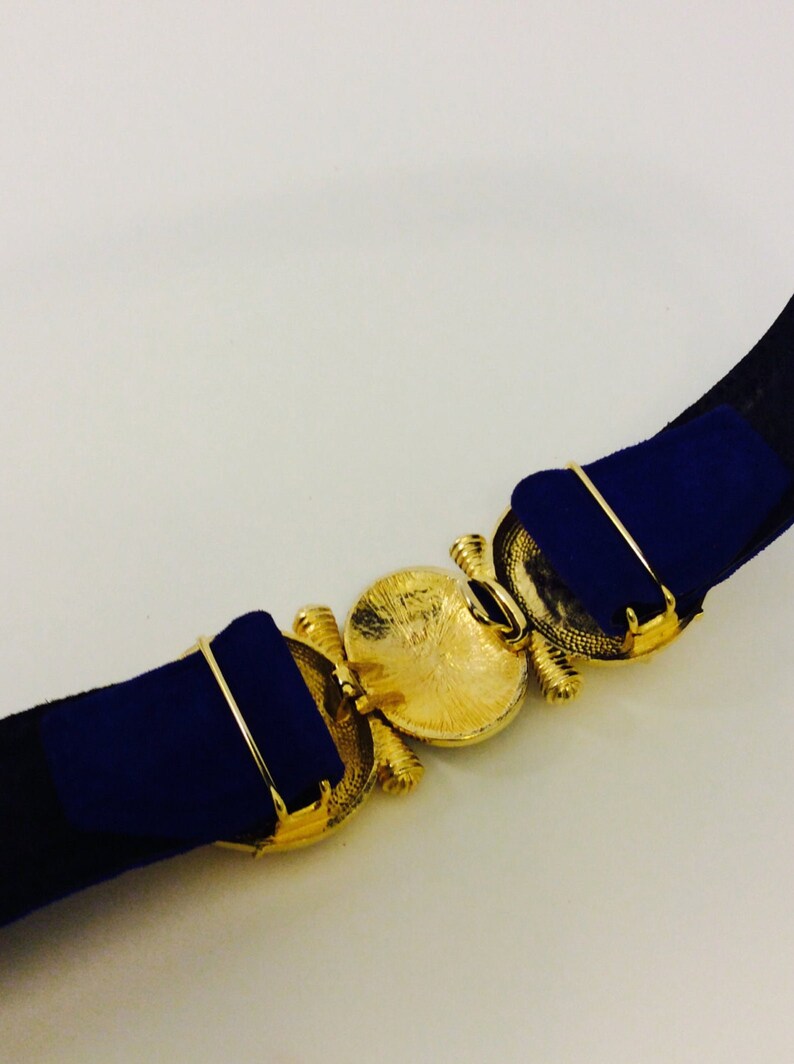 Vintage Carlise 1980s Chunky Gold Statement Belt Suede Midnight Blue Golden Belt Jewelry 80s Bold Accent Buckle Ladies Belts Size Small