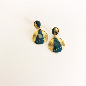 Vintage Drop Gold-tone Blue Enamel Earrings Pierced Double Circle Dangling Earrings Geometric Costume Jewelry Statement Bold Door Knocker image 7