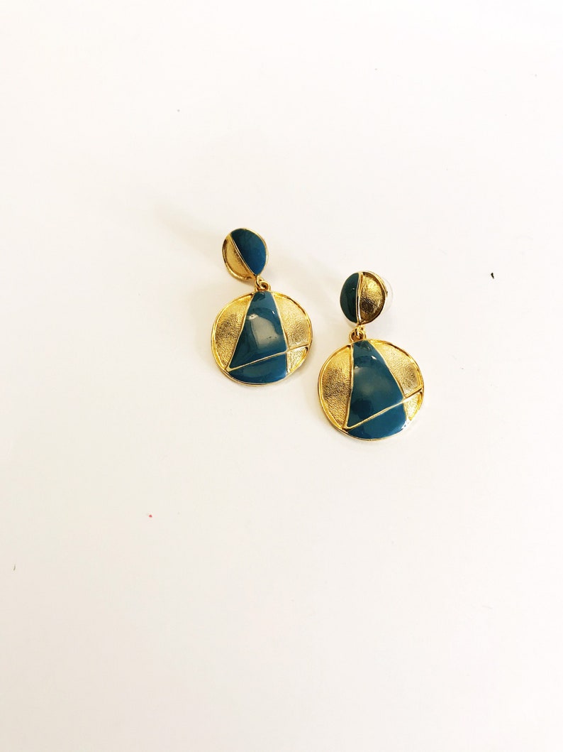 Vintage Drop Gold-tone Blue Enamel Earrings Pierced Double Circle Dangling Earrings Geometric Costume Jewelry Statement Bold Door Knocker image 7