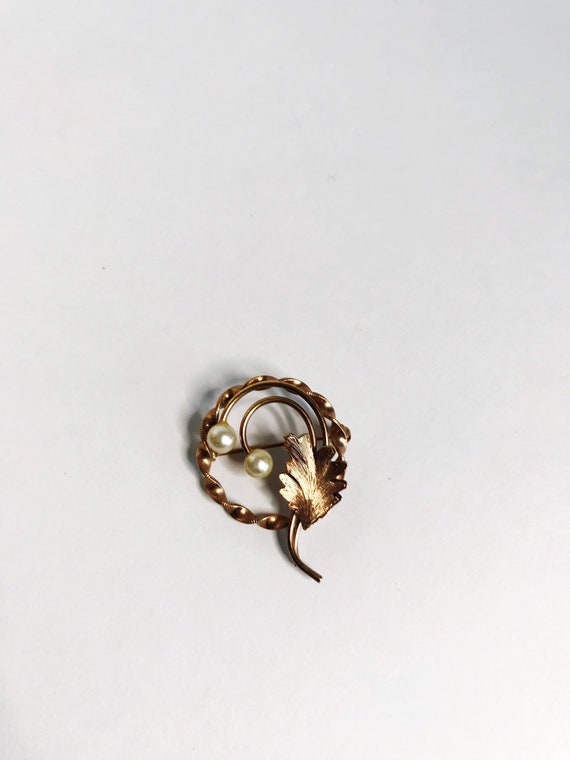 Broche Vintage Feuille Dorée - Métal Plaqué Or Et Zircon - Années 80