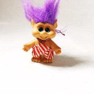 Troll with Purple Hair, 1992 Pointy Ear Funny Troll with Striped Halter Dress I.T.B International Teddy Bear Collectible Vintage Trolls 90s image 4
