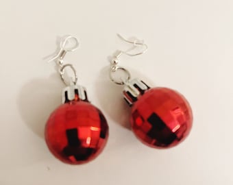 Red Christmas Ornament Earrings, Sparkly Shiny Christmas Holiday, Disco Ball Earring, Festive Dangle Drop Earrings