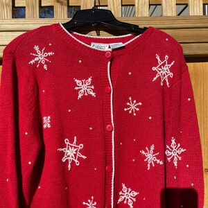 Red Snowflake Sweater Size Medium Ugly Christmas Sweater Holiday Sweater Winter Ski Sweater Button Up Cardigan by Capacity 90s image 8