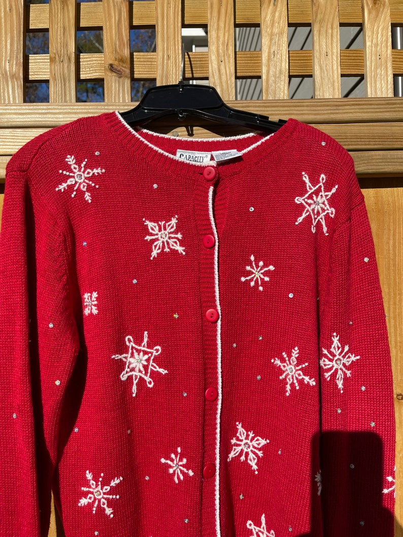 Red Snowflake Sweater Size Medium Ugly Christmas Sweater Holiday Sweater Winter Ski Sweater Button Up Cardigan by Capacity 90s image 8