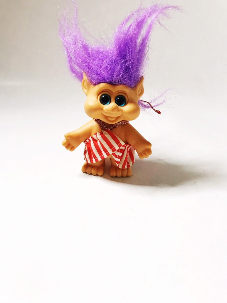 Troll with Purple Hair, 1992 Pointy Ear Funny Troll with Striped Halter Dress I.T.B International Teddy Bear Collectible Vintage Trolls 90s image 10