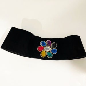 Multi Colored Rhinestone Belt Floral Bejeweled Belt Vintage Retro Belt Vtg 1990s Waistband Funky 1980s Fancy Velvet Belt Black Wide Belt