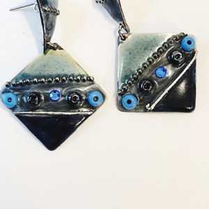 Square Blue Statement Earrings Vintage Earrings Retro Costume Jewelry Blue Rhinestone Geometric Pierced Post Earrings 1990&#39;s 1980&#39;s