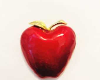 Vintage Enamel Apple Brooch: Gold Plated Teacher Pin