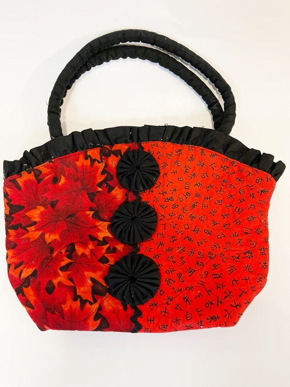 Red and Black Fabric Handbag Floral Lunch Pal Clo… - image 6