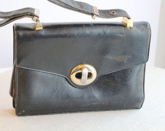 Vintage 1950 Early Koret Genuine Black Leather Purse, Expandable Strap, Retro Handbag, 50's Small Purses, Top Handle Bags, Designers Purse