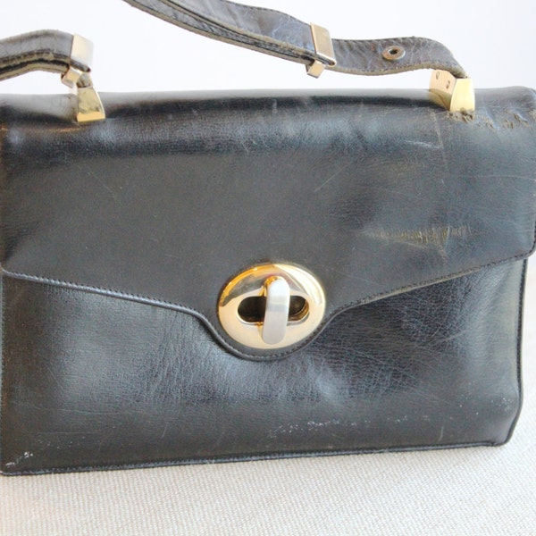 Vintage 1950 Early Koret Genuine Black Leather Purse, Expandable Strap, Retro Handbag, 50's Small Purses, Top Handle Bags, Designers Purse