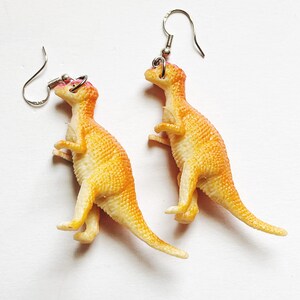 Fun Orange Dinosaur Earrings Velociraptor Dinosaur Handmade Earrings Pierced Drop Dangle Silver Plated Hook Dinosaur Motif Novelty Jewelry