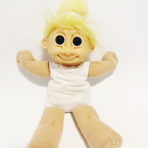 Vintage Troll Plush Doll with Blonde Hair in Hat 1990s Large Soft Troll in White Outfit Retro Collectible Toy Yellow Hair Blue Eyes Plushie