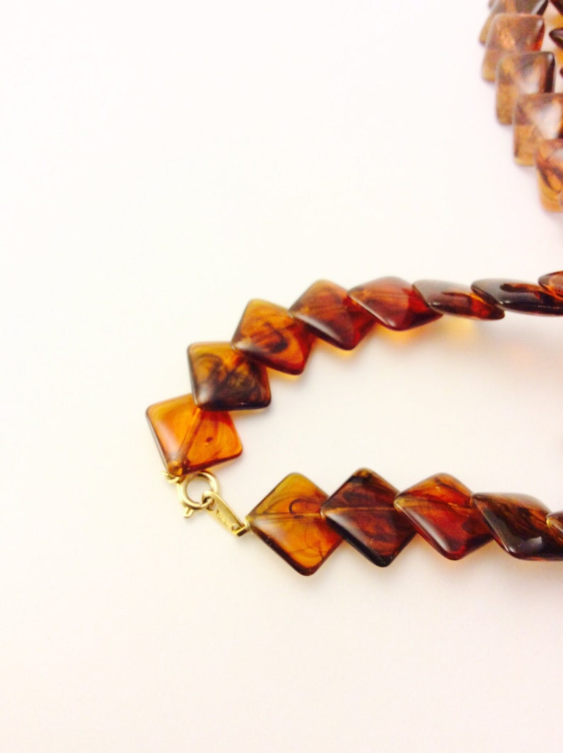 Vintage Tortoise Plastic Necklace Lucite Brown Marble Colored Diamond Cut Shaped Jewelry Geometric Design Amber Brown Long Boho Necklace image 3