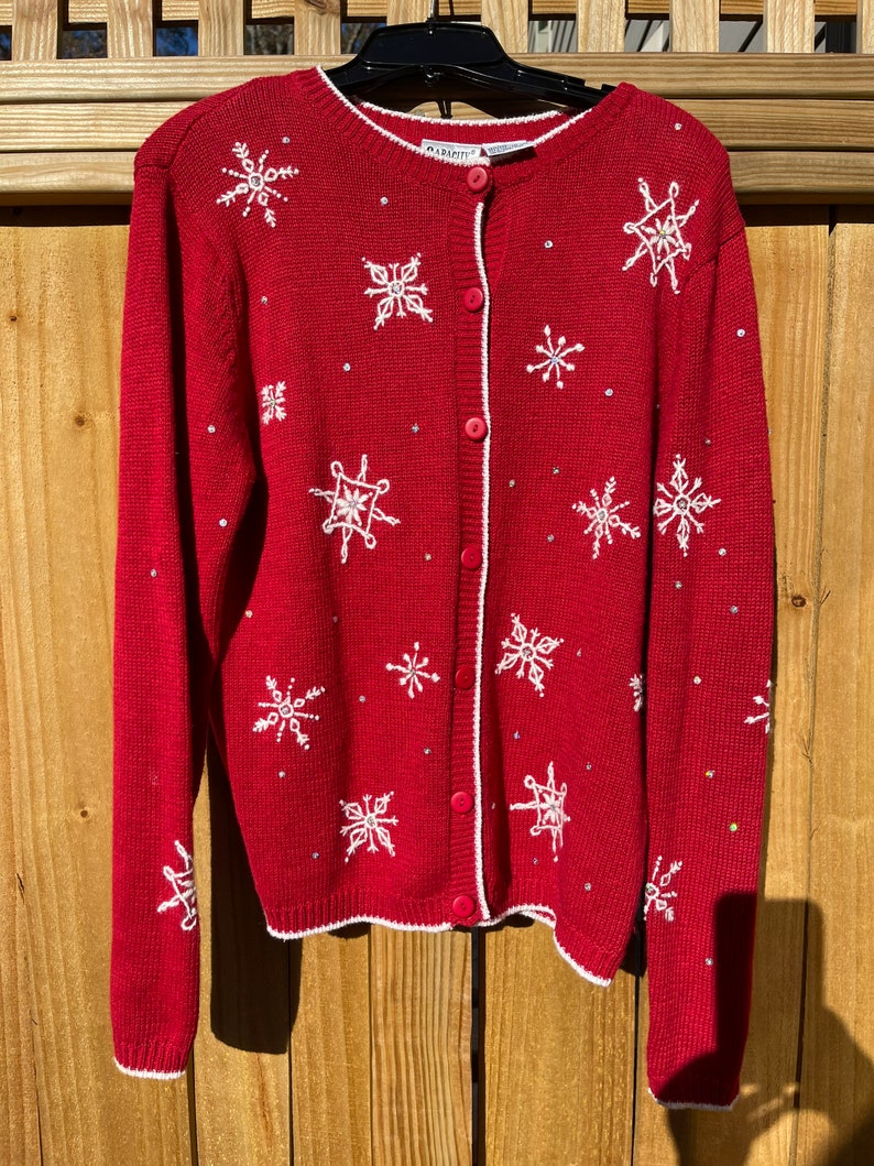 Red Snowflake Sweater Size Medium Ugly Christmas Sweater Holiday Sweater Winter Ski Sweater Button Up Cardigan by Capacity 90s image 5
