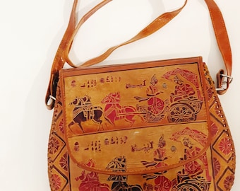 Bolso bandolera de cuero pintado a mano: bolso bandolera de diseño egipcio vintage
