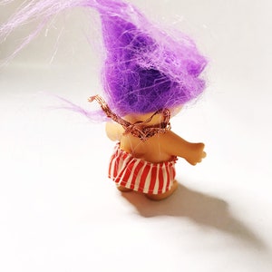 Troll with Purple Hair, 1992 Pointy Ear Funny Troll with Striped Halter Dress I.T.B International Teddy Bear Collectible Vintage Trolls 90s image 3