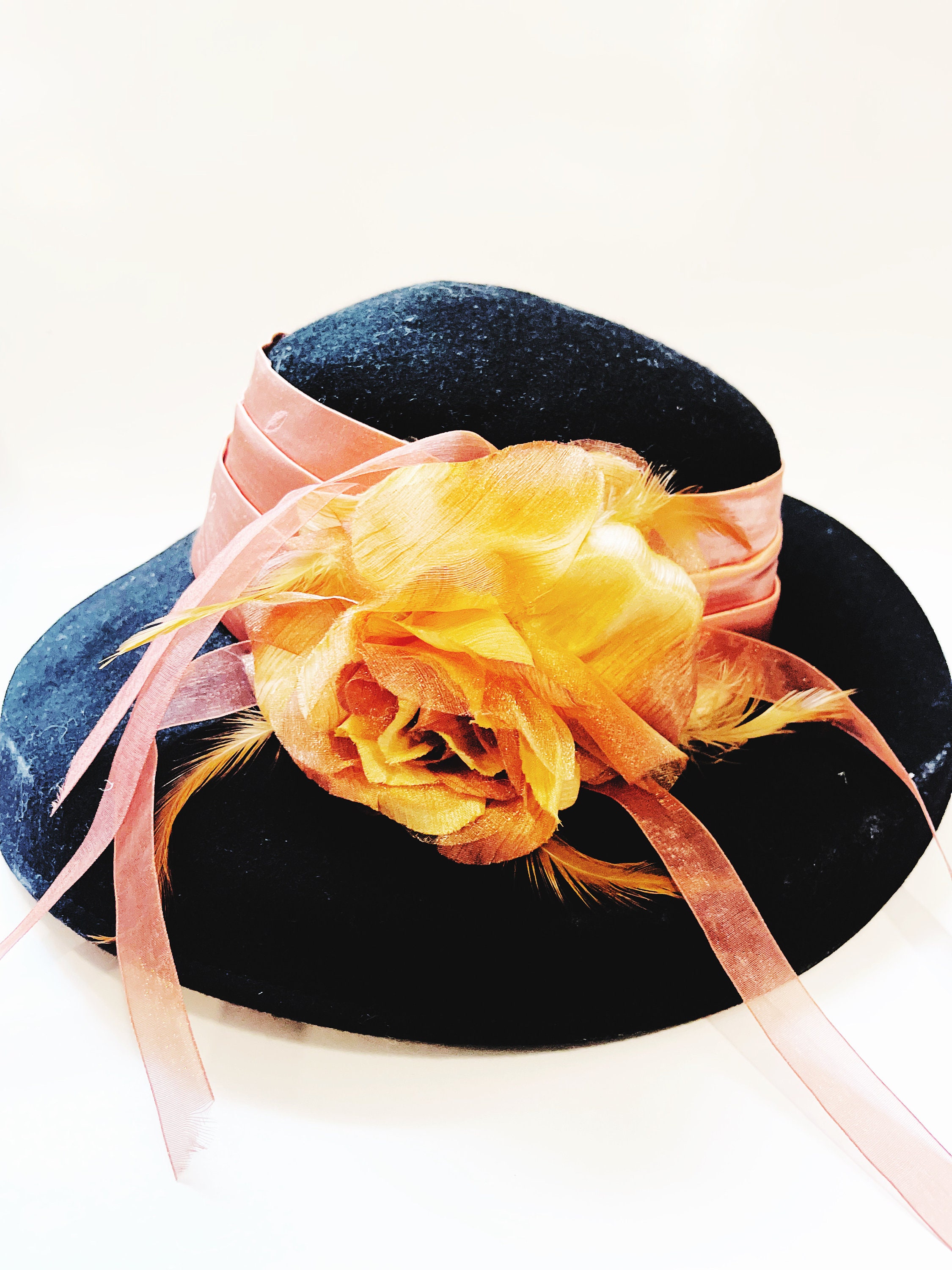 Vintage Black Orange Flower Ribbon Church Hat Retro 1990's 1980's Wide Brim Kentucky Derby Hat 100% Wool Hat with Copper Ribbon Flower