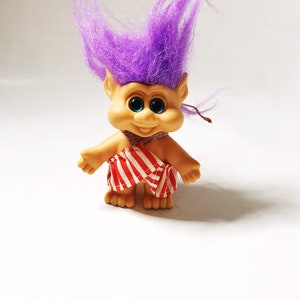 Troll with Purple Hair, 1992 Pointy Ear Funny Troll with Striped Halter Dress I.T.B International Teddy Bear Collectible Vintage Trolls 90s image 1