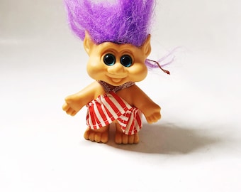 Vintage 1992 ITB Troll Doll: Purple Hair, Striped Halter Dress