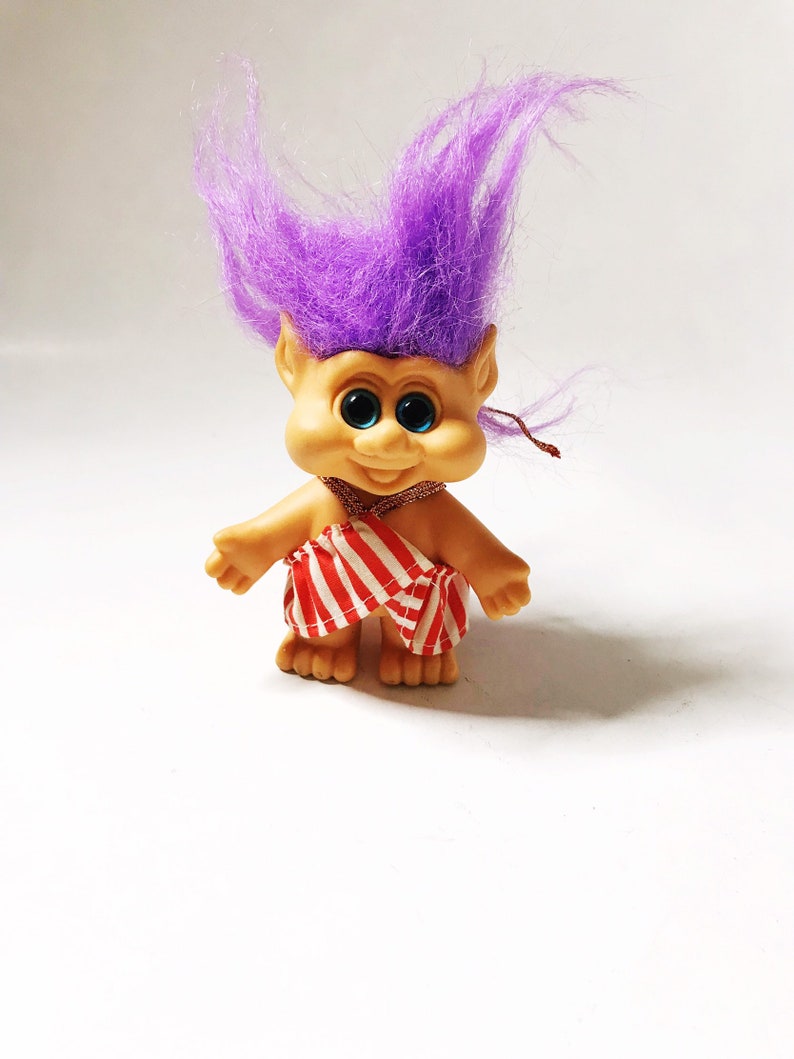 Troll with Purple Hair, 1992 Pointy Ear Funny Troll with Striped Halter Dress I.T.B International Teddy Bear Collectible Vintage Trolls 90s image 1