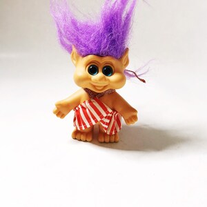 Troll with Purple Hair, 1992 Pointy Ear Funny Troll with Striped Halter Dress I.T.B International Teddy Bear Collectible Vintage Trolls 90s image 8