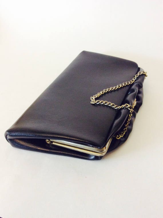 1960s Black Faux Leather Small Clutch Converts to 