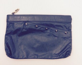 Vintage Anton Leather Clutch: Navy Blue Envelope Handbag, 80s Mod Style