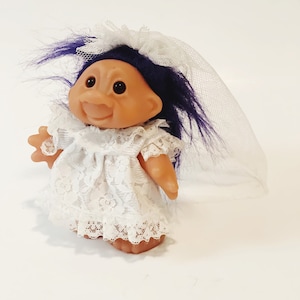 Vintage Bride Troll DAM Wedding Troll 1986 dated DAM Troll Doll Lace Wedding Dress Troll Purple Hair Troll Bride in White Thomas DAM Dolls