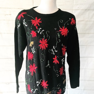 Vintage 90s Ugly Christmas Knit Sweater Embriodered Poinsettia Beaded Holiday Party Pull-Over Top 1990&#39;s Size S Small Nutcracker