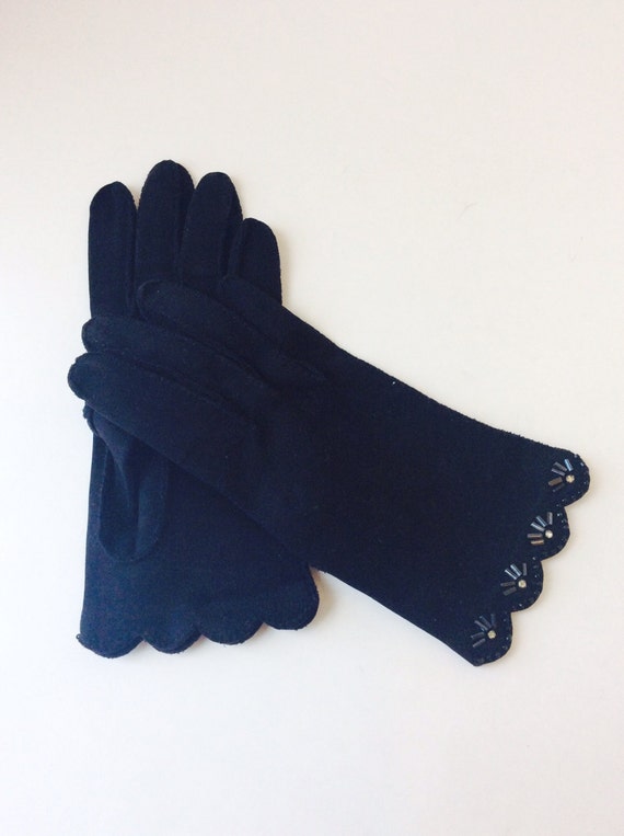 Vintage Black Sequin Women Gloves Beaded Trim Bla… - image 2