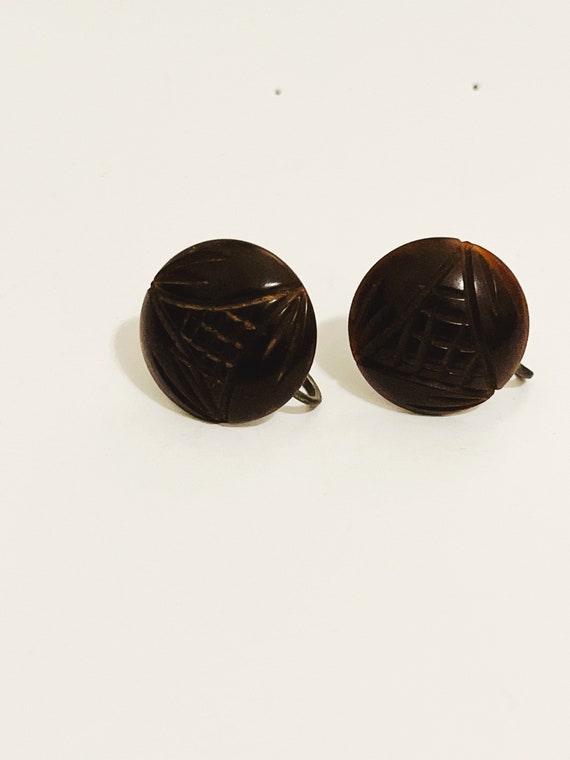 Vintage Lucite Clip On Earrings Round Brown Butto… - image 8