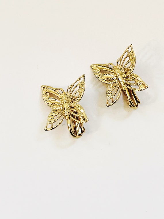 Vintage Gold Tone Filigree Butterfly Clip-ons Ear… - image 10