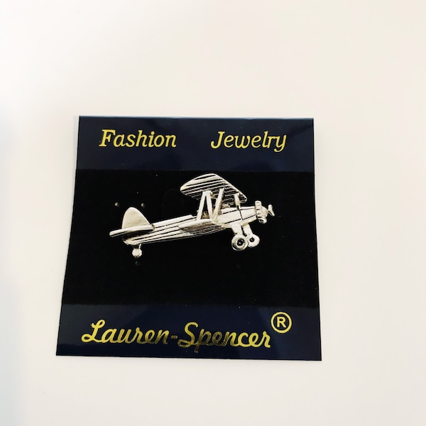 Vintage Airplane Pin Lauren Spencer Airplane Brooch Silver-tone Pilot Lapel Pin The Wright Brothers Aircraft Fashion Jewelry Antique Plane