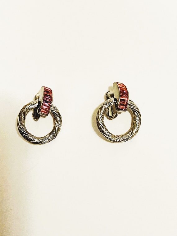 Pink Rhinestone Earrings Clip on earrings silver … - image 2