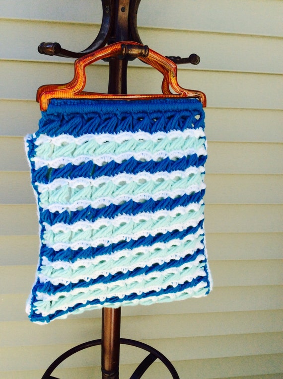 Handmade Blue White Crochet Knit Handbag Purse To… - image 1
