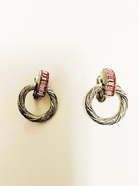 Pink Rhinestone Earrings Clip on earrings silver … - image 4