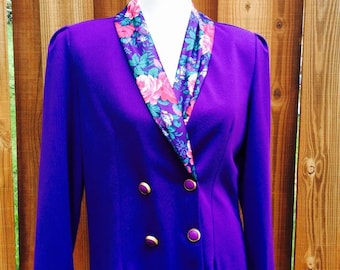Vintage 80s Floral Collar Blazer: Purple Double Breasted Jacket, Size 12
