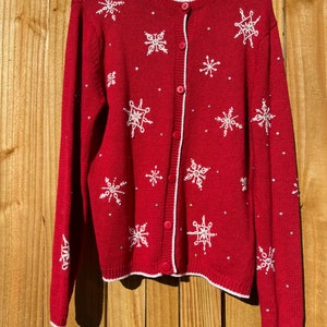 Red Snowflake Sweater Size Medium Ugly Christmas Sweater Holiday Sweater Winter Ski Sweater Button Up Cardigan by Capacity 90s image 1