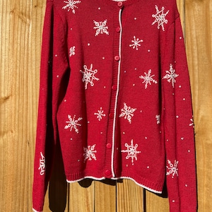 Red Snowflake Sweater Size Medium Ugly Christmas Sweater Holiday Sweater Winter Ski Sweater Button Up Cardigan by Capacity 90s