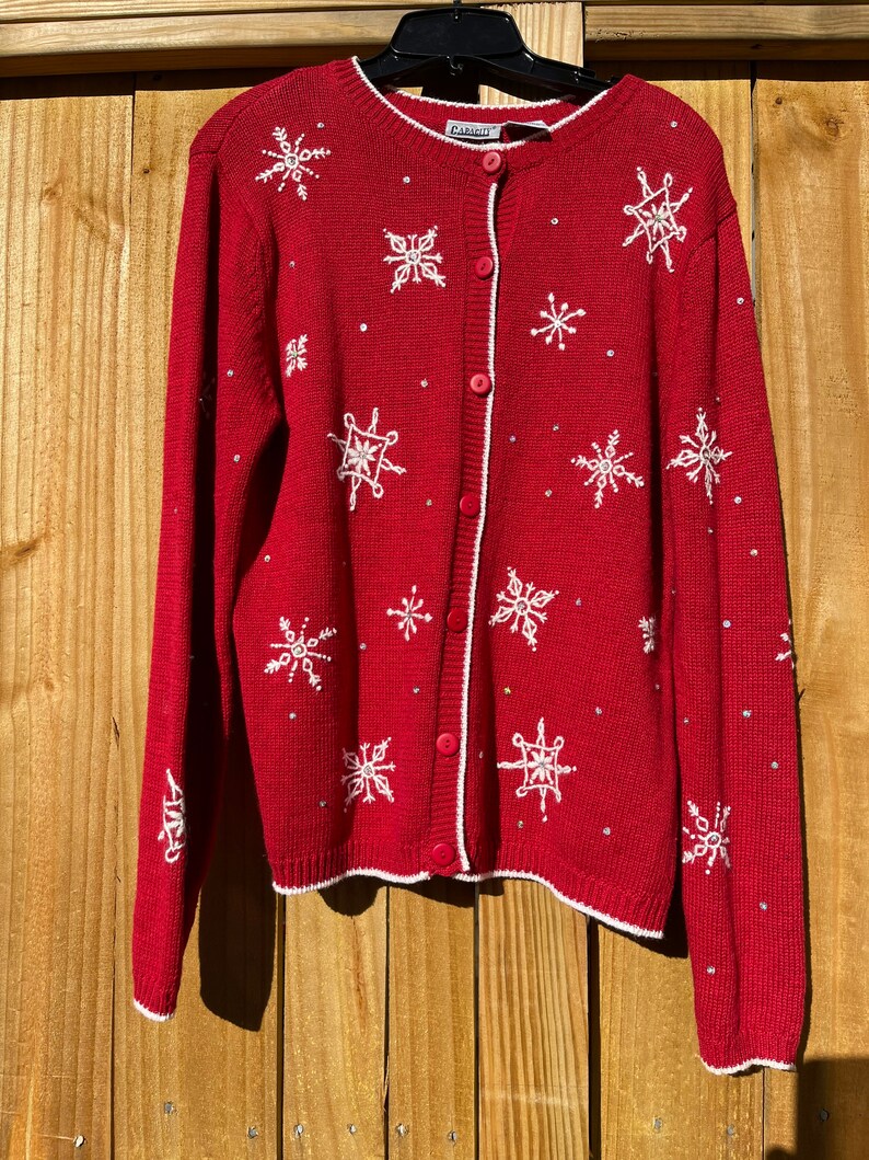 Red Snowflake Sweater Size Medium Ugly Christmas Sweater Holiday Sweater Winter Ski Sweater Button Up Cardigan by Capacity 90s image 1