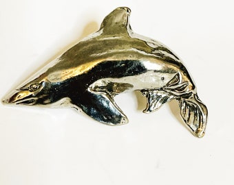 Shark Pin Vintage Silver Tone Meal Shark Brooch Animal Lapel Pin Vtg Brooches Dolphin Pins 1980's Costume Jewelry Sea Creatures Fish