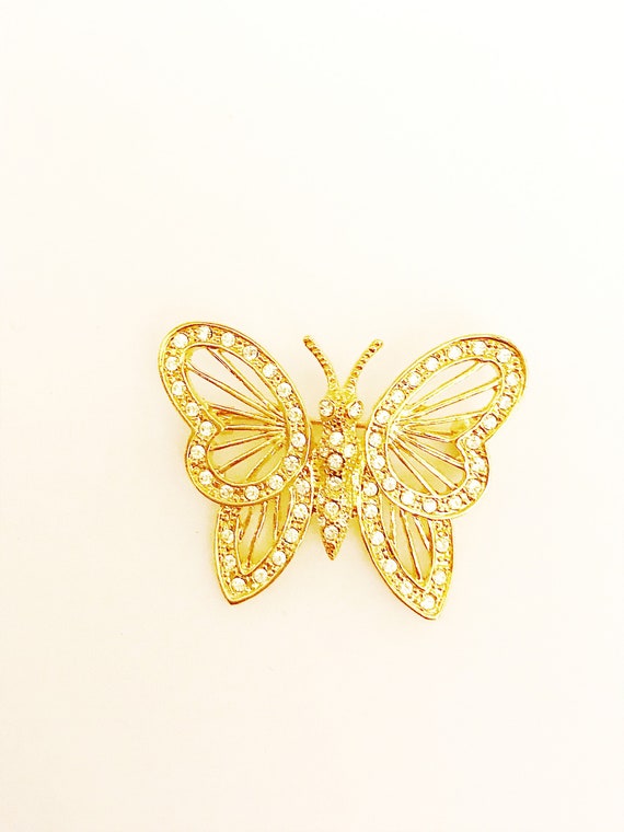 ROMAN Rhinestone & Gold Butterfly Pin Vintage Pin… - image 1