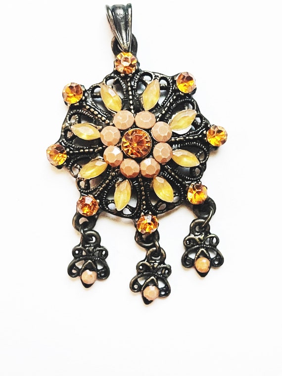 Vintage Orange Rhinestones Pendant Necklace Penda… - image 3