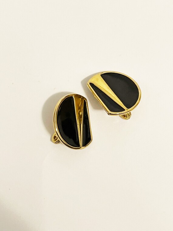Vintage Monet Clip-ons Black and Gold Geometric B… - image 3